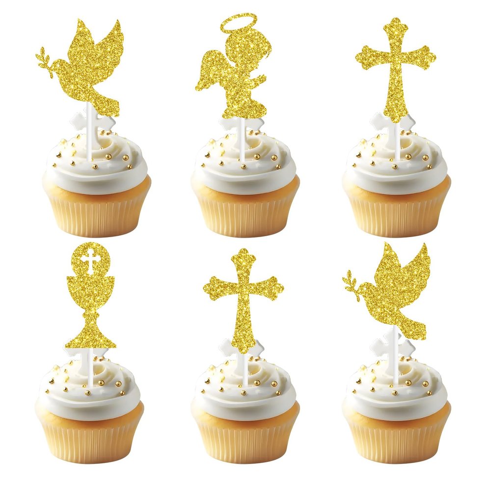 16Pcs Religious Baptism Cupcake Toppers - God Bless Cake Picks, Christian Dove Cross Decor, First Holy Communion, Christening Wedding Baby Shower Bridal Shower Party Decorations