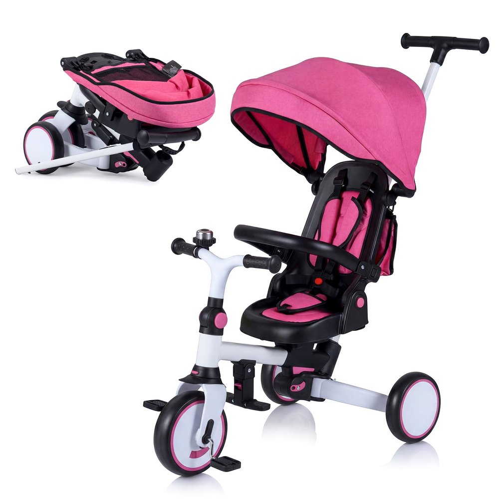 BABY JOY Kids Tricycle, 8-in-1 Folding Toddler Trike w/Push Handle, Removable & Adjustable Canopy, 5-Point Safety Harness, Rotatable Seat & Storage Pocket, Pushing Toddler Bike for 1-6 (Pink)