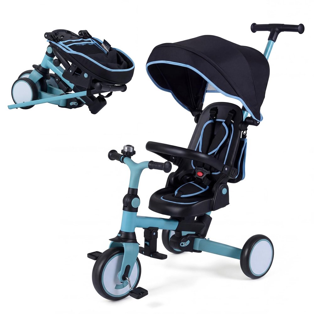 BABY JOY Kids Tricycle, 8-in-1 Folding Toddler Trike w/Push Handle, Removable & Adjustable Canopy, 5-Point Safety Harness, Rotatable Seat & Storage Pocket, Pushing Toddler Bike for 1-6 (Light Blue)