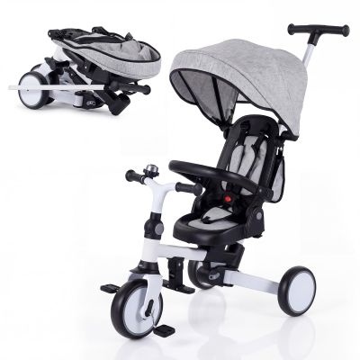 BABY JOY Kids Tricycle, 8-in-1 Folding Toddler Trike w/Push Handle, Removable & Adjustable Canopy, 5-Point Safety Harness, Rotatable Seat & Storage Pocket, Pushing Toddler Bike for 1-6 (Gray)