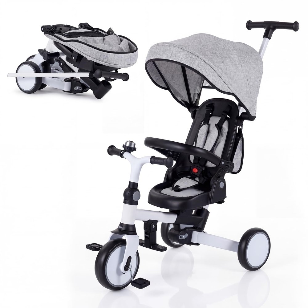 BABY JOY Kids Tricycle, 8-in-1 Folding Toddler Trike w/Push Handle, Removable & Adjustable Canopy, 5-Point Safety Harness, Rotatable Seat & Storage Pocket, Pushing Toddler Bike for 1-6 (Gray)