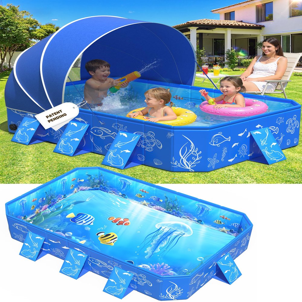 2026 Kiddie Pool with Canopy,Baby Swimming Pool for Toddler,Non-Inflatable Portable Pool for Kids,Foldable Toddler Pool with Shade,Kiddie Pool for Backyard,Pop Up Baby Beach Pool 53''40''33''