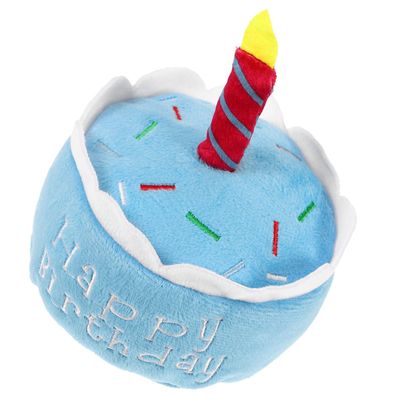 MUELODSIC Dog Birthday Cake Plush with Squeaky Sound, Soft Birthday Party Chew Plaything for Puppies and Small Dogs, Blue Plush Pet for Interactive Play