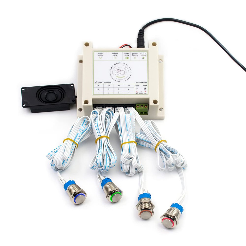 Escape The Room 4 Colors Metal Button Props Press Buttons in Order or in The Same Time to Unlock Control 12V Magnet Lock for Exit Room Game (with Audio, 12 Metal Buttons)