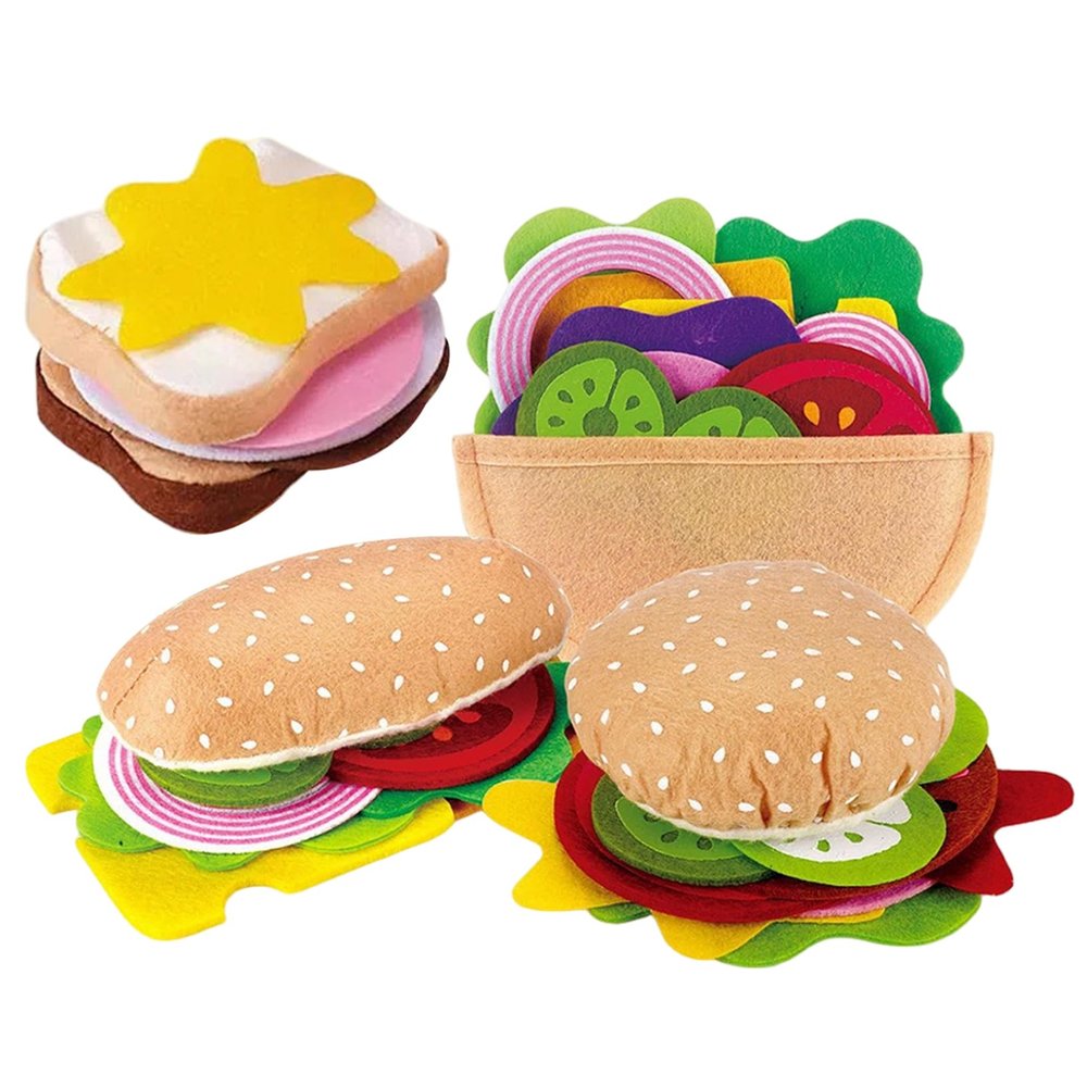 28PCS/Set Felt Play Food Hamburger Sandwich Stacking Toy with Beef Steak Vegetables Pretend Play Food for Kids Kitchen Kids Pretend