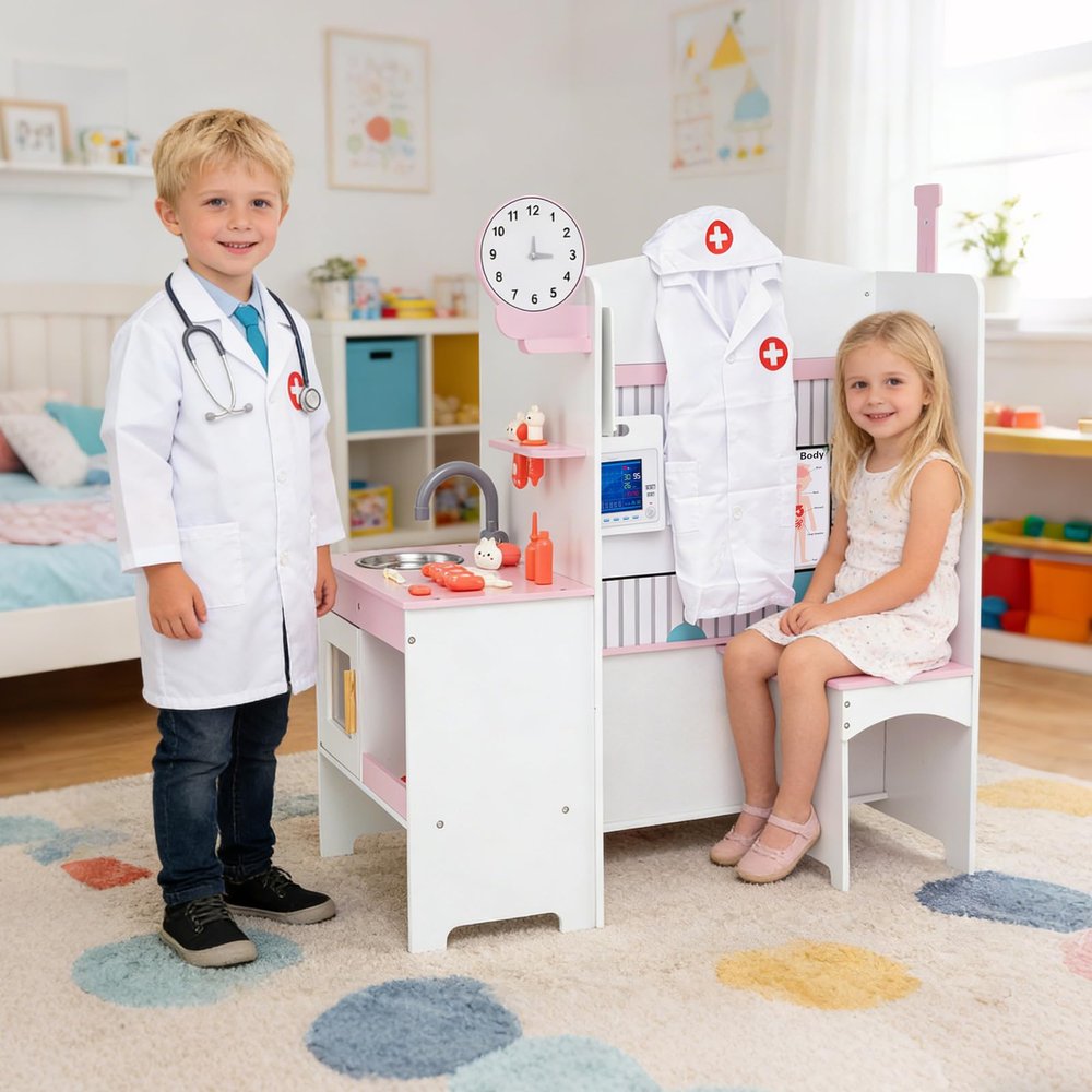 HONEY JOY Kids Wooden Doctor Play Set, Checkup Medical Office Center & Vet Clinic Station, CT Machine & Interactive Accessories, X-Ray, Toddler Pretend Hospital Playset Kit (Washing Pink)