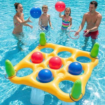 2 in 1 Pool Toys Games Set Inflatable Pool Float with 10 Balls & 8 Rings Tic-Tac-Toe Pool Games for Adults Kids, Fun Summer Party Beach Outdoor Yard Game, Yellow