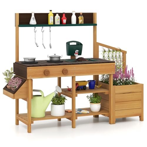 CHEFJOY Mud Kitchen, Wood Pretend Kitchen for Toddlers, Independent Plant Growing Box & Trellis, Real Faucet with All Accessories, Running Water, Sink, Outdoor Playset for Boys Girls Aged 3+ (Brown)