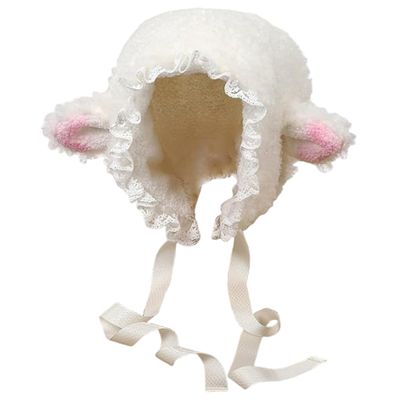 Ameble Sheep Hat for Girls Kids Cute Soft Lace Fleece Lamb Hat with Ribbon Y2k Beanie for Winter Cosplay Photo Props Party Lamb Ears Costume, Sheep Ears, Costume, Headband, C