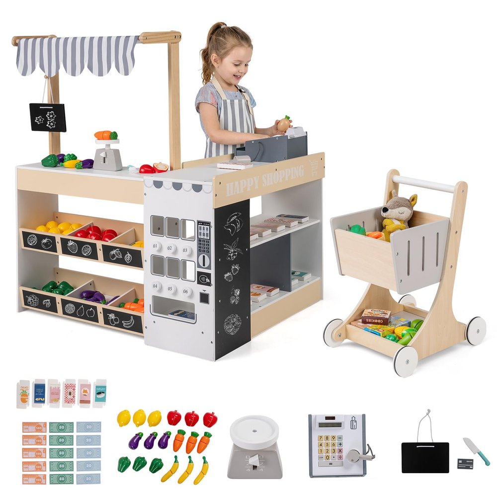 Costzon Kids Grocery Store Playset, Wooden Play Store w/Lights & Sound, Shopping Cart, Blackboards & Cash Register, Toddler Toy Grocery for Boys and Girls Ages 3+ (Natural, 35.5" x 31" x 41")