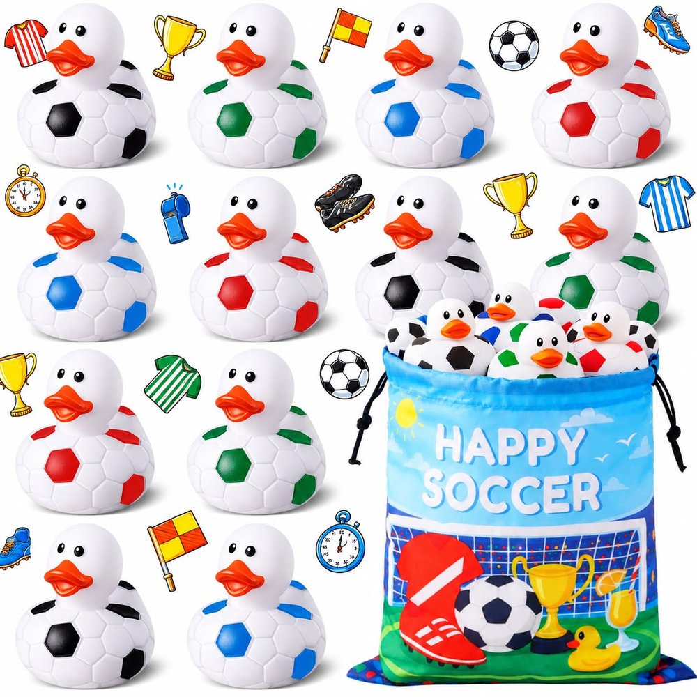 24 Pcs Soccer Theme Rubber Ducks with a Bag, Soccer Ball Ducks Toys, Soccer Fun Party Favors, Goodie Bag Fillers for Sports Fans Team Gifts, Classroom Game Prizes, Water Pool Toys for Toddler Kids