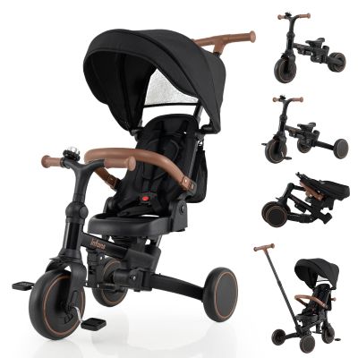 INFANS 9-in-1 Foldable Toddlers Tricycle, Converts Stroller to Balance Bike with Adjustable Push Handle, Canopy & Backrest, Pedal Conversion, Retractable Rear Wheels for 1-6 Years (Black)