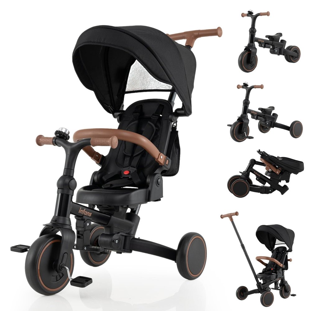 INFANS 9-in-1 Foldable Toddlers Tricycle, Converts Stroller to Balance Bike with Adjustable Push Handle, Canopy & Backrest, Pedal Conversion, Retractable Rear Wheels for 1-6 Years (Black)