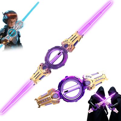 Light Up Sword, Retractable Fire Spin Sword, Double-Edged Lightsaber, 7-Color Expandable Light Toys with FX Sound and Realistic Handle (Purple)