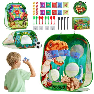 4-in-1 Dinosaur Bean Bag Toss Game for Kids, Cornhole & Dart Board Set for Toddlers, Outdoor Toys for Family Party, Backyard, Beach & Lawn Activities, Gift for Boys and Girls Ages 3 4 5 6 7 8
