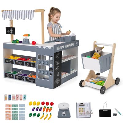 Costzon Kids Grocery Store Playset, Wooden Play Store w/Lights & Sound, Shopping Cart, Blackboards & Cash Register, Toddler Toy Grocery for Boys and Girls Ages 3+ (Grey, 35.5" x 31" x 41")