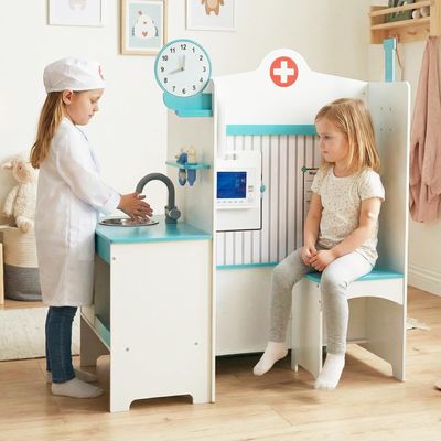Costzon Wooden Doctor Playset, Medical Office Activity Center w/Exam Room, Check-in & Waiting Areas, Height Measurer, Sink, Multi-Sided Pretend Play Doctor's Office, Gift for Boy Girl Aged 3+ (Blue)