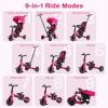 INFANS 9-in-1 Foldable Toddlers Tricycle, Converts Stroller to Balance Bike with Adjustable Push Handle, Canopy & Backrest, Pedal Conversion, Retractable Rear Wheels for 1-6 Years (Pink) view 3