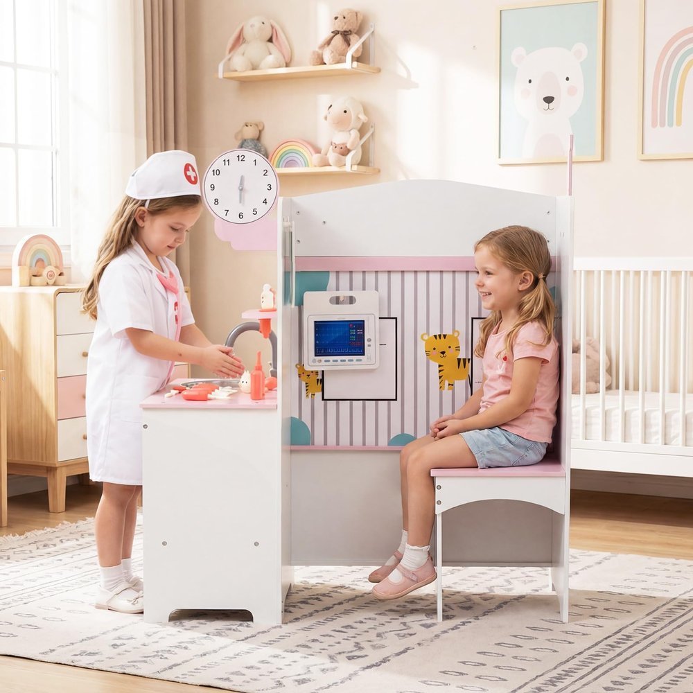Costzon Wooden Doctor Playset, Medical Office Activity Center w/ Exam Room, Check-in & Waiting Areas, Height Measurer, Sink, Multi-Sided Pretend Play Doctor's Office, Gift for Boy Girl Aged 3+ (Pink)