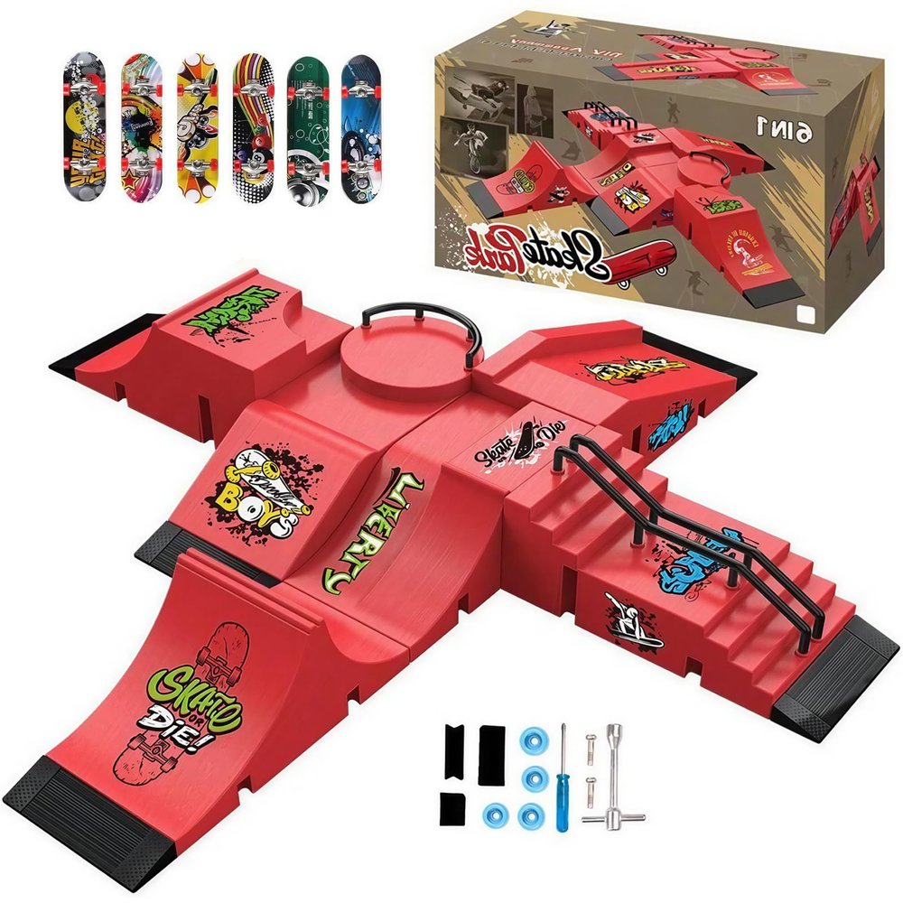 Fingerboard Skate Park Set Compatible with Tech Deck Skateboards, Featuring 6 Ramps, 6 Fingerboards, and Fingerboard Obstacles, Ideal for Fingerboard Enthusiasts