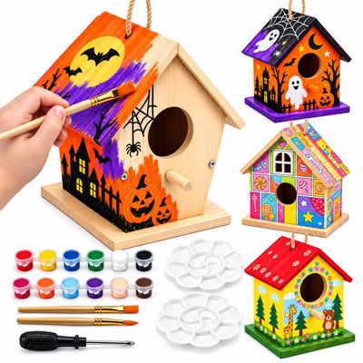 AluAbi 4 Pack Bird House Kits for Kids, Wooden Birdhouses to Build & Paint