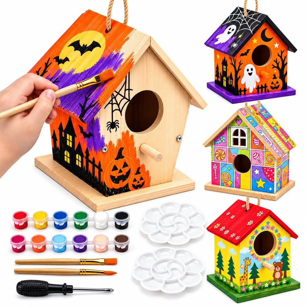 AluAbi 4 Pack Bird House Kits for Kids, Wooden Birdhouses to Build & Paint