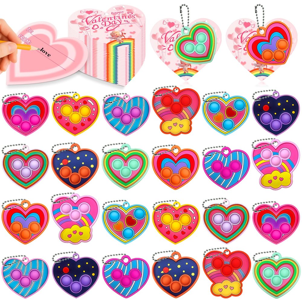 24 Pcs Valentines Day Gifts, Heart Pop Keychain Fidget Toys with Valentines Cards, Valentines Day Gifts for Classroom Exchange Party Favors Prizes