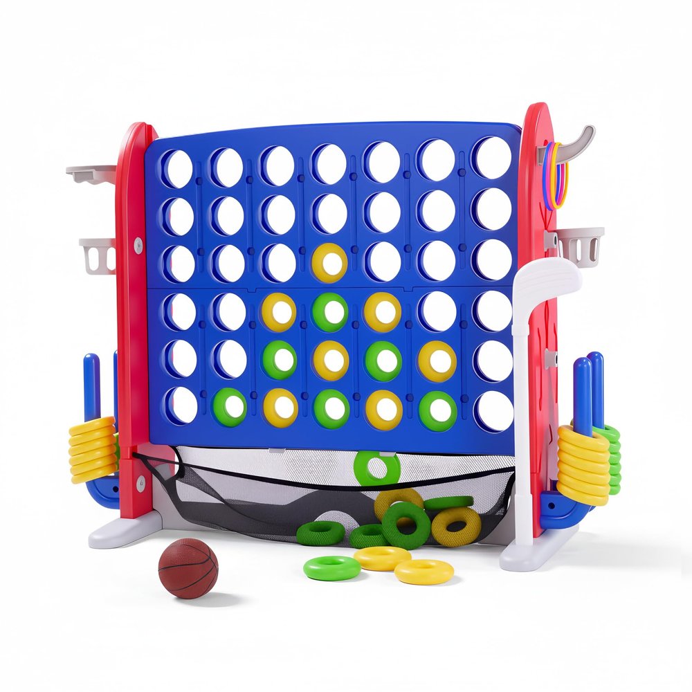 Jumbo 4 in a Row Game, Height Adjustable(2.7-3.2 FT) Outdoor Connect 4 w/Quick Release, Giant Connect Four with Basketball Hoop, Ring Toss & Net, Backyard Party Game for Adults Kids, Blue