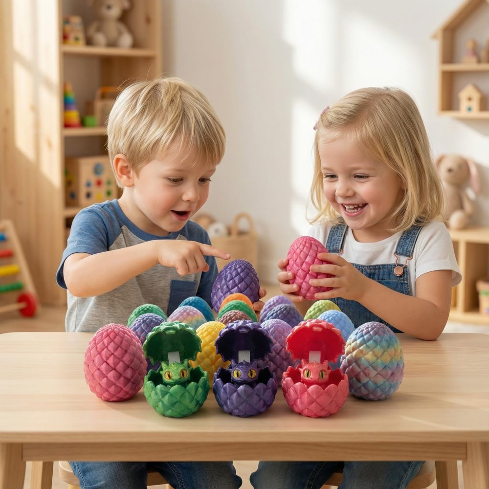 3D Printed Poseable Dragon with 12 Surprise Dinosaur Eggs, Creative Fidget & Sensory Toy Set, Unique Collectible Gift for Birthdays, Christmas & Home Decor (Green/Yellow)