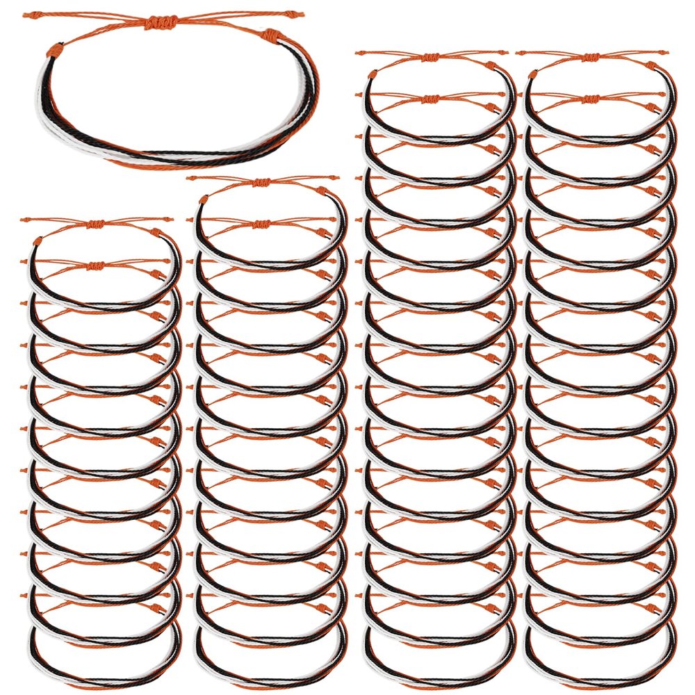 50 Pcs Team Bracelet Bulk, Adjustable Bracelet for Basketball Softball Baseball Football Cheer Presents Cheerleader Accessories, Adjustable Rope Hockey Bracelets for Team Friends(Orange black white)