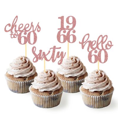 24 Pcs Glitter 60th Birthday Cupcake Toppers for Celebrating Sixty Years Old Birthday Party Decorations (Rose Gold)