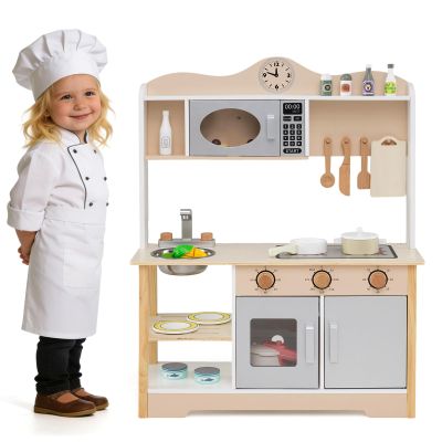 Costzon Kids Play Kitchen, Wooden Toy Kitchen Playset w/Microwave, Oven, Stoves, Water Sink & Accessories, Pretend Cooking Play Set for Toddlers, Gift for Boys & Girls 3+