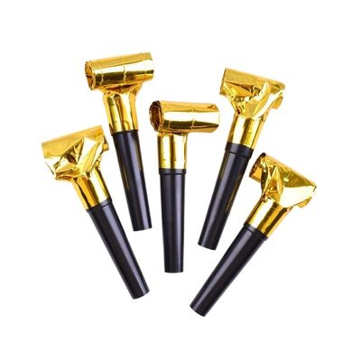 100 Pcs Golden Party Blowers with Black Handle, 23cm Metallic Foil Noisemakers, Party Horn Whistles for Celebrations and Festivals