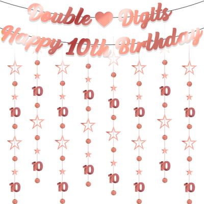 10th Birthday Decoration Banner Girls - 10 Pcs Rose Gold Glitter Double Digits Banner Garland Metallic Star Dot Hanging Streamer Bunting for Ten Year Old Party Background Decor Supplies