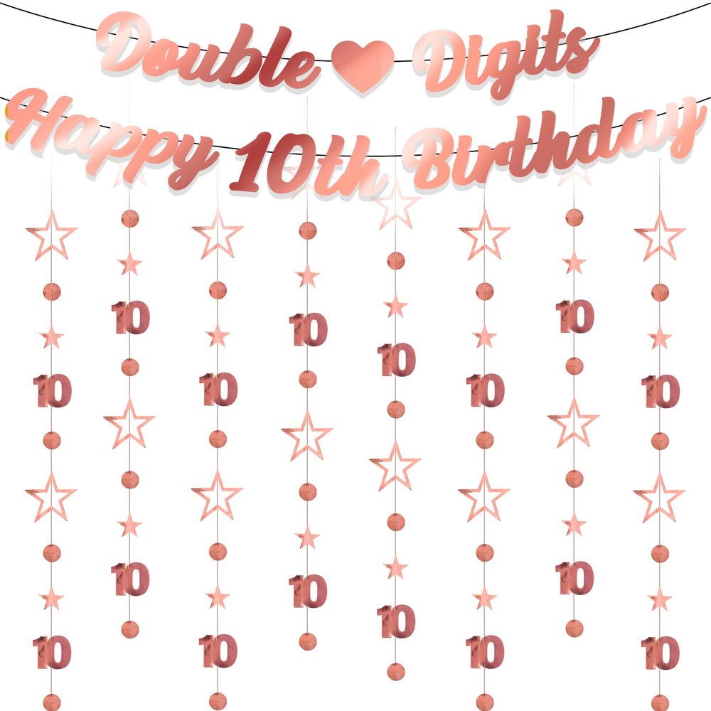 10th Birthday Decoration Banner Girls - 10 Pcs Rose Gold Glitter Double Digits Banner Garland Metallic Star Dot Hanging Streamer Bunting for Ten Year Old Party Background Decor Supplies