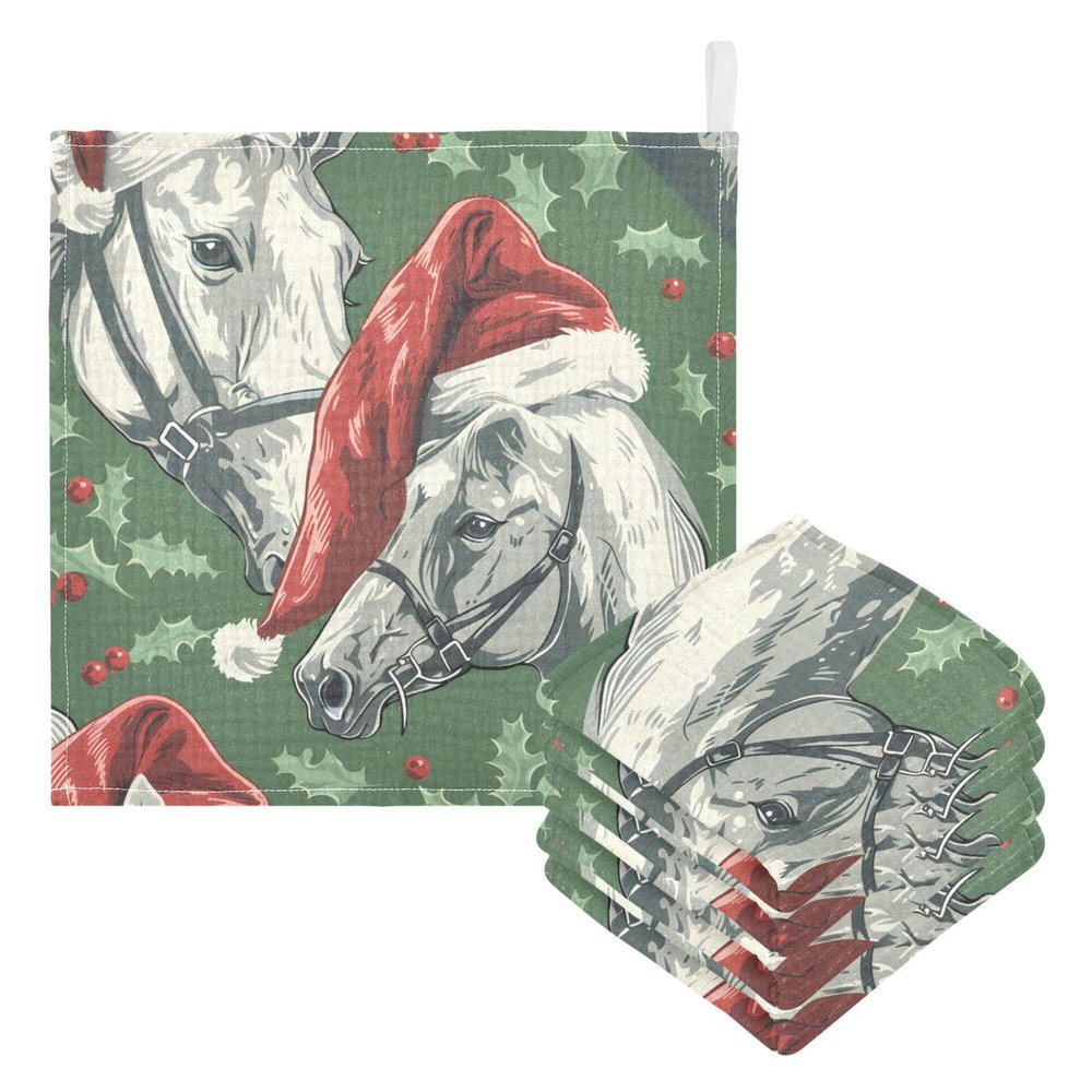 CUPADA 3 Pack Baby Washcloths Muslin Face Towels Holly Berries Horses with Santa Hats Absorbent Soft Burp Wipe Towel Wash Wipes Infant Newborn Washcloth