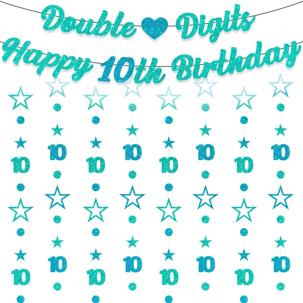 10th Birthday Decoration Boys Banner - 10 Pcs Teal Glitter Double Digits Banner Twinkle Star Dot Hanging Bunting Garland Streamer For 10 Year Old Party Wall Decor Supplies
