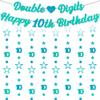 10th Birthday Decoration Boys Banner - 10 Pcs Teal Glitter Double Digits Banner Twinkle Star Dot Hanging Bunting Garland Streamer For 10 Year Old Party Wall Decor Supplies view 1