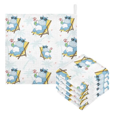 CUPADA Baby Face Towels Muslin Washcloths Hippo Relaxing Beach Chair Absorbent Burp Wash Wipes Soft Towel for Newborn Infant 5Pcs