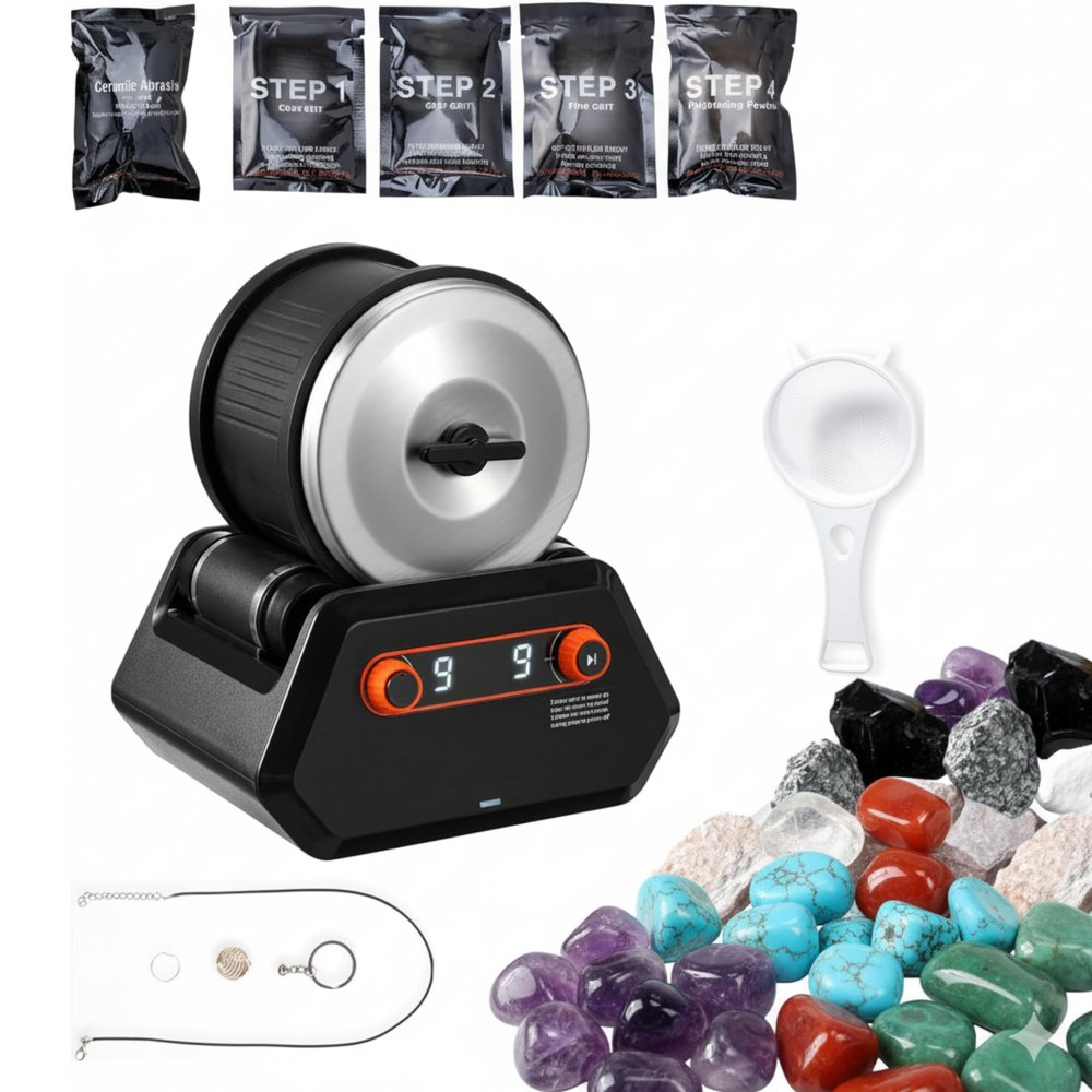 Rock Tumbler Kit, 3 lbs Rock Polishing Kit with 4 Speed Settings & 9-Day Timer, Low-Noise Stone Polisher with Rough Gemstones & Grits for Kids & Adults