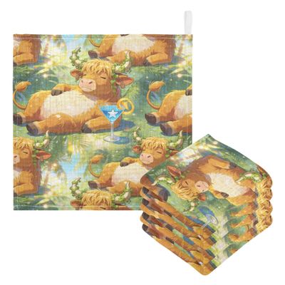 CUPADA Baby Face Towels Muslin Washcloths Cute Cow Tropical Cocktail Absorbent Burp Wash Wipes Soft Towel for Newborn Infant 5Pcs