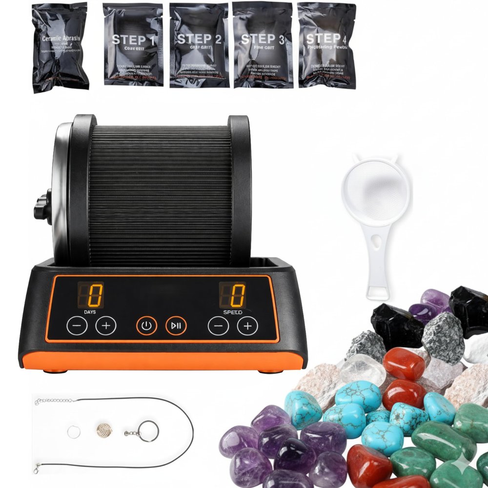 Rock Tumbler Kit, 2 lbs Rock Polishing Kit with 4 Speed Settings & 4-Day Timer, Low-Noise Stone Polisher with Rough Gemstones & Grits for Kids & Adults