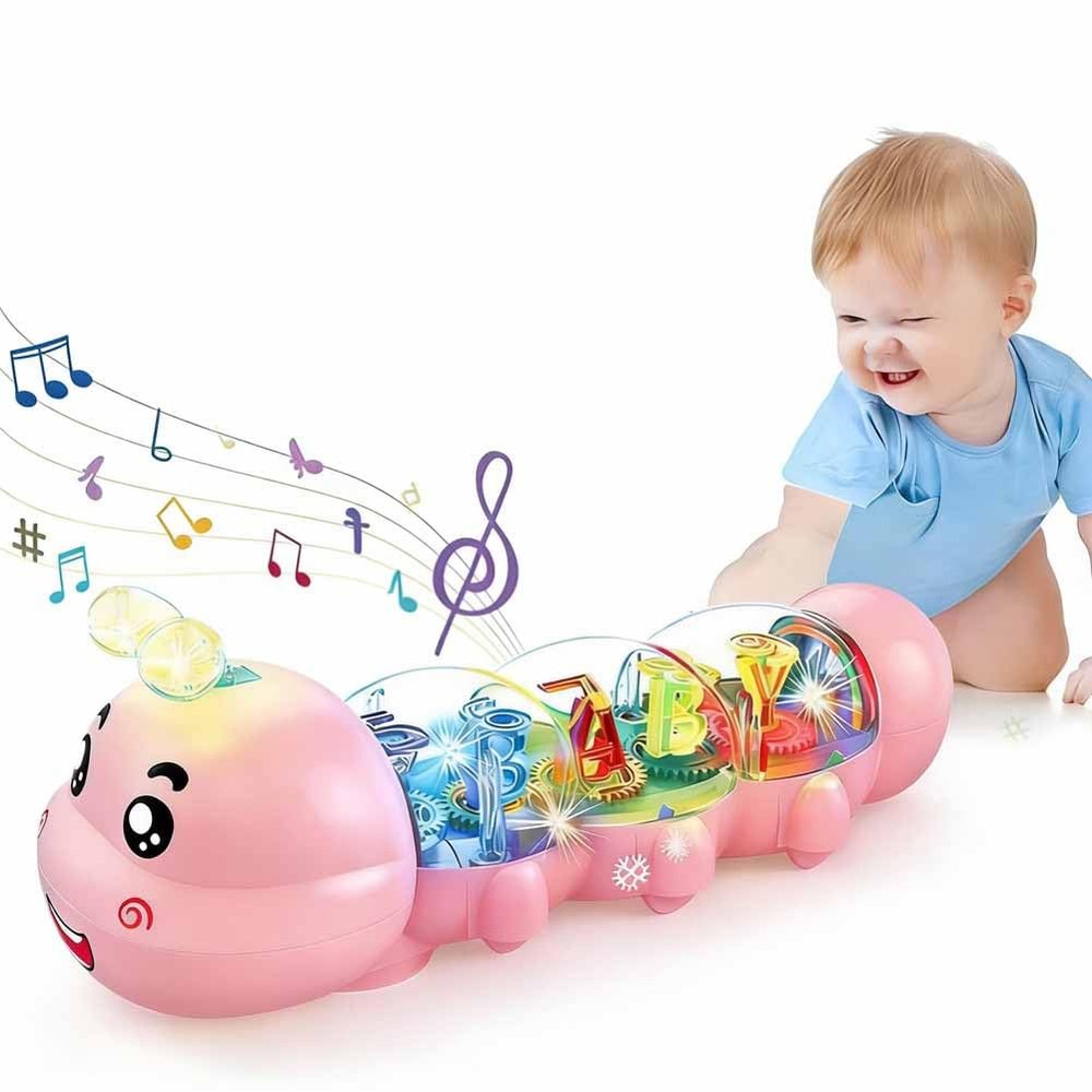 Caterpillar Design Tummy Time Toy with Light & Music Musical Light Up, Musical Crawling Toy for Babies to Play on Their Tummy, Funny Push Pull Toys for Boys and Girl Birthday Engaging & Fun(Pink)