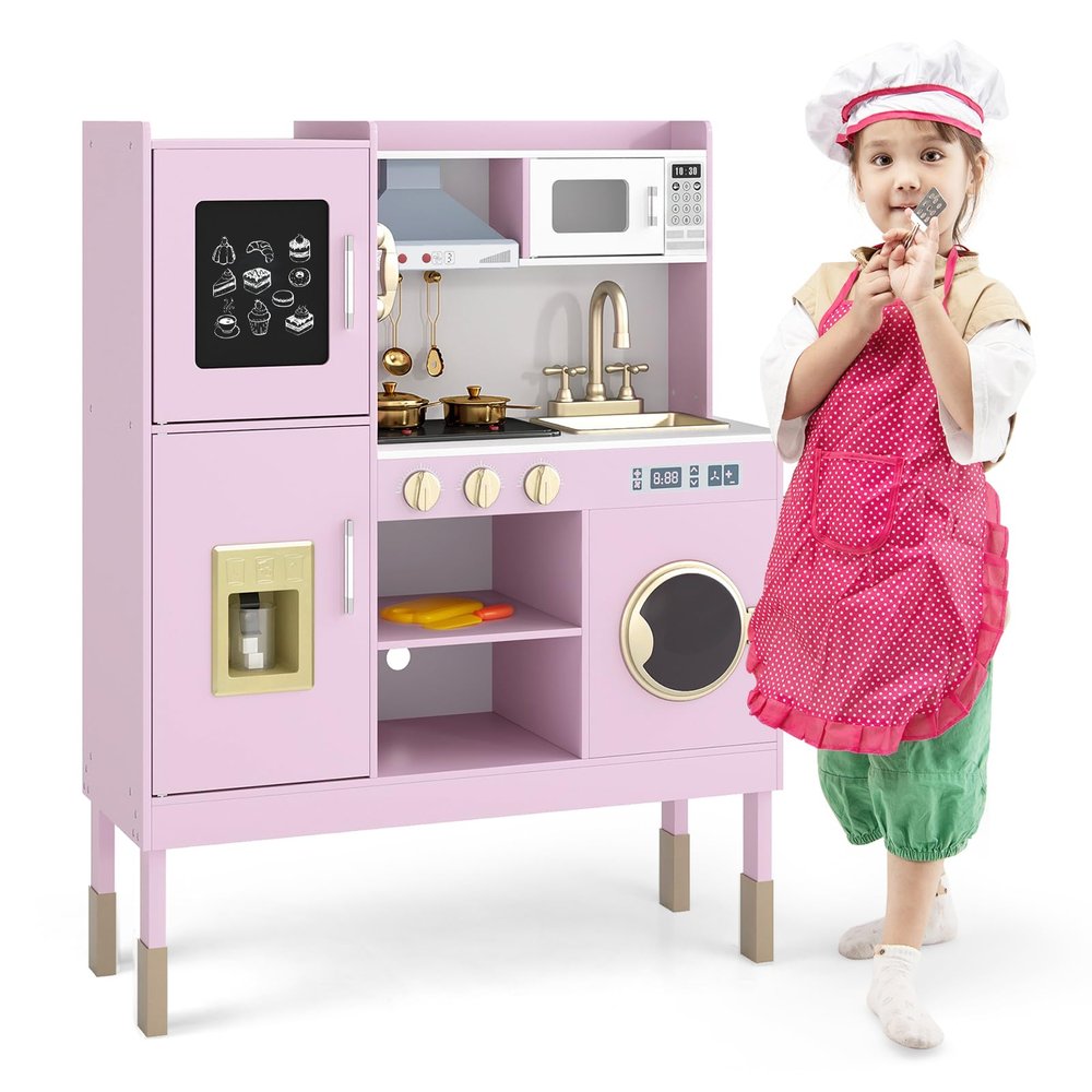 GLACER Play Kitchen, Wooden Pretend Play Toy with Range Hood, Blackboard, Microwave, Ice Maker, Telephone, Stove, Washing Machine, Kids Kitchen Playset for Little One Boys & Girls (Pink+Golden)
