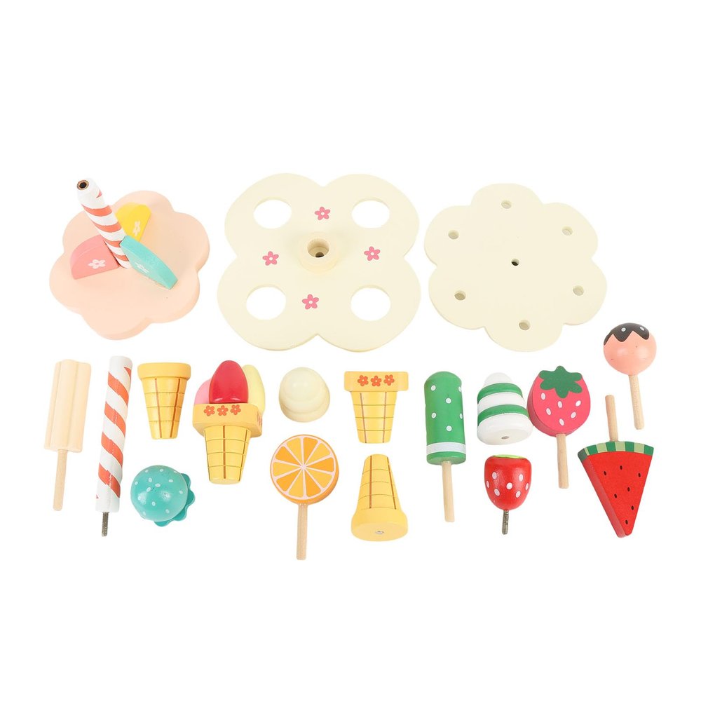 Qudinip Wooden Tea Party Set, Dessert Stand Playset with Ice Cream and Afternoon Tea Toys for Kids Role Play and Social Development