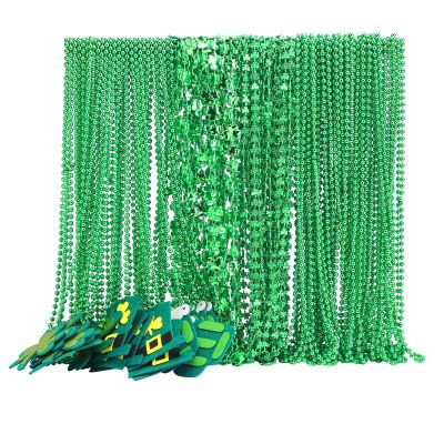 Becfupo 100 Pack St. Patricks' Day Beads Necklaces Bulk, Shamrock Shaped Necklaces Green Beaded Necklaces Hanging With Pendants For Green Irish St. Patricks Party Decoration