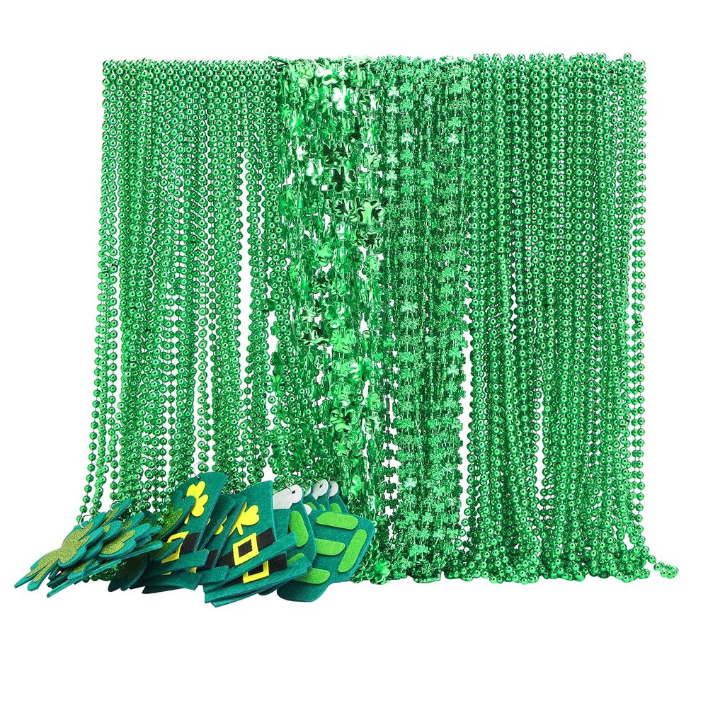 Becfupo 100 Pack St. Patricks' Day Beads Necklaces Bulk, Shamrock Shaped Necklaces Green Beaded Necklaces Hanging With Pendants For Green Irish St. Patricks Party Decoration