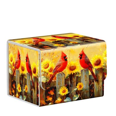 ETLKJVBL for MTG Deck Box, Premium Trading Card Storage Box, Cardinals on Fence by Sunflowers Offering Organization & Protection with a Capacity for 100+ Anime Card Sleeves