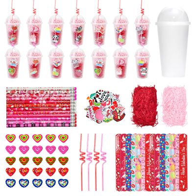 25 Set Valentines Party Favors Cup Set, Classroom Valentine Gifts Include Cups, Lids, Straws, Pencil, Erasers, Sticke, Slap Bracelets, Affia Grass, Valentine's Day Stationery Gifts Bulk from Teacher