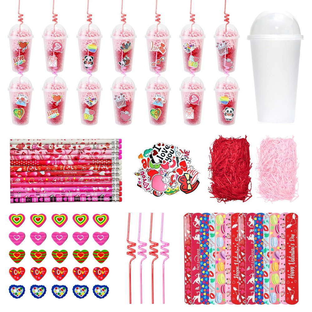 25 Set Valentines Party Favors Cup Set, Classroom Valentine Gifts Include Cups, Lids, Straws, Pencil, Erasers, Sticke, Slap Bracelets, Affia Grass, Valentine's Day Stationery Gifts Bulk from Teacher